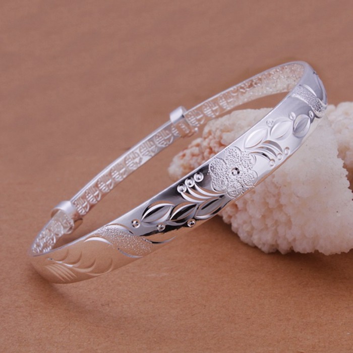 SK186 Fashion Silver Jewelry Vintage Flower Bangles Bracelet