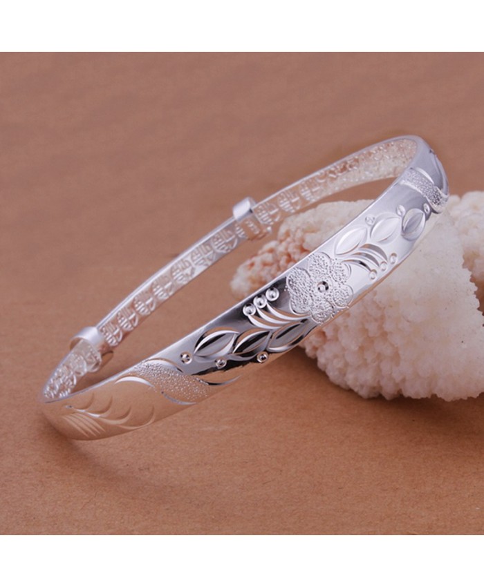 SK186 Fashion Silver Jewelry Vintage Flower Bangles Bracelet