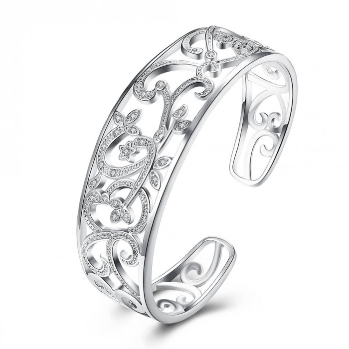 SK261 New Silver Jewelry Crystal Flower Cuff Bangles Bracelet