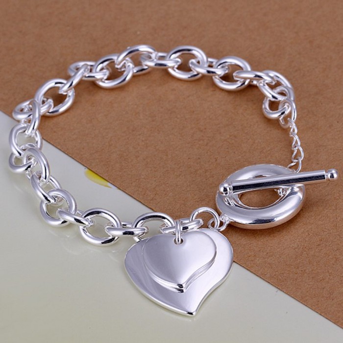 SH284 Hot Silver Jewelry 2Heart Charm T-O Bracelet For Women