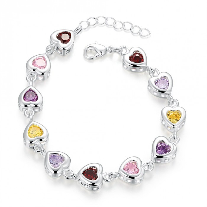 SH368 Fashion Silver Jewelry Crystal Colors Hearts Bracelet