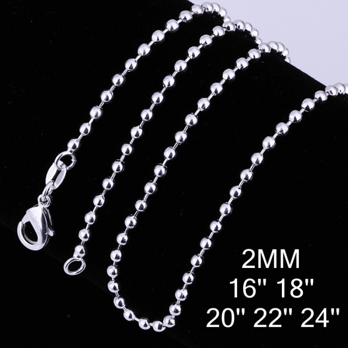 CC002 1Pcs 2mm Bead Chain 16-24 Inches Silver Necklace