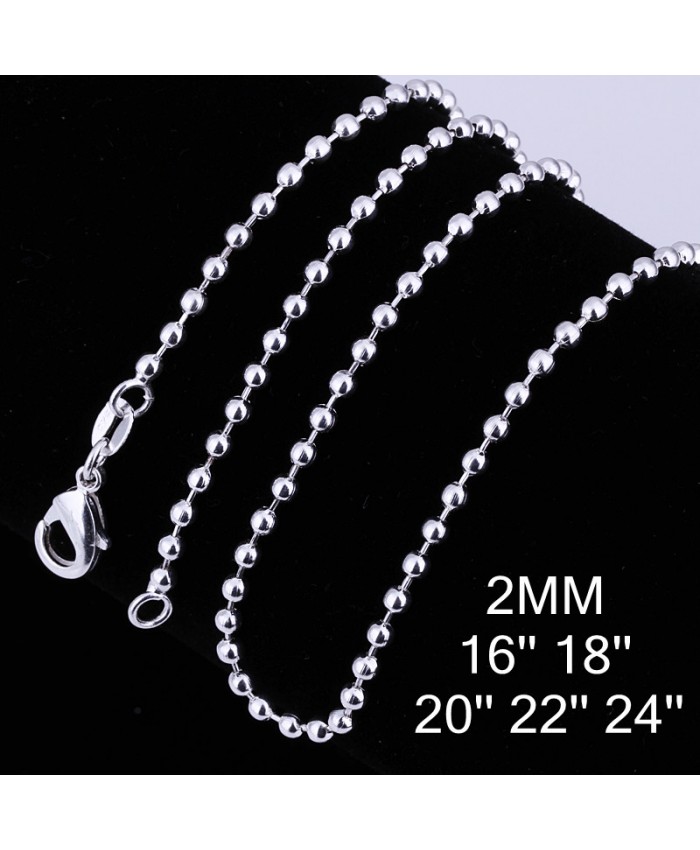 CC002 1Pcs 2mm Bead Chain 16-24 Inches Silver Necklace