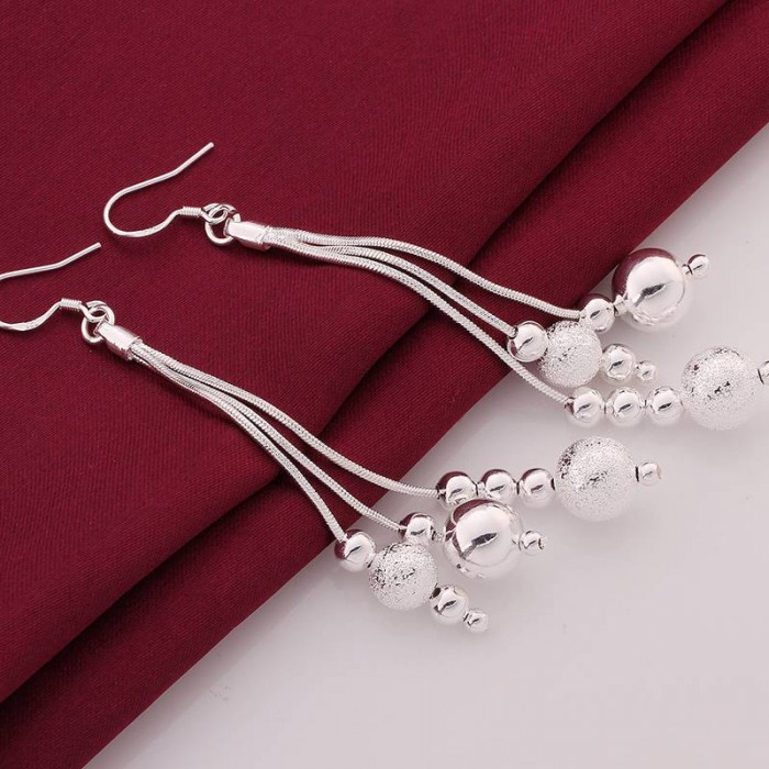 SE006 Silver Jewelry Big 3chain&beads Long Dangle Earrings For Women