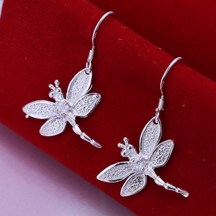 SE009 Silver Jewelry Crystal Dragonfly Dangle Earrings For Women