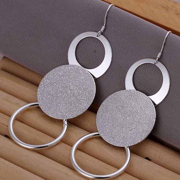 SE012 Silver Jewelry 3Circles Long Dangle Earrings For Women