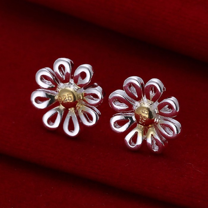 SE014 Silver Jewelry Gold Chrysanthemum Stud Earrings For Women