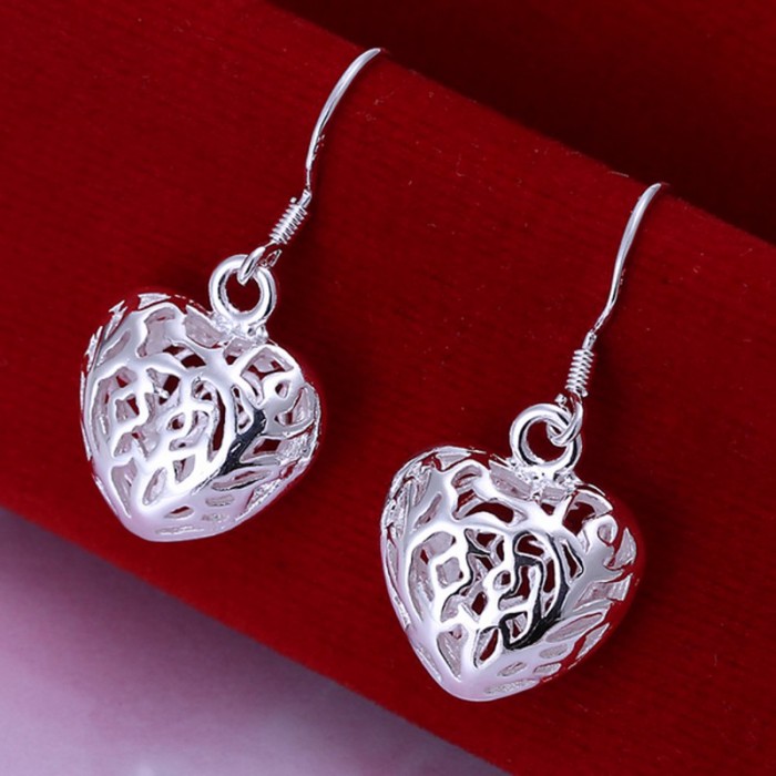 SE021 Silver Jewelry Flower Heart Dangle Earrings For Women