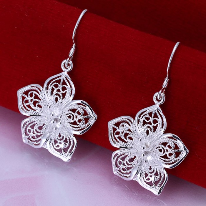 SE035 Silver Jewelry Flower Dangle Earrings For Women