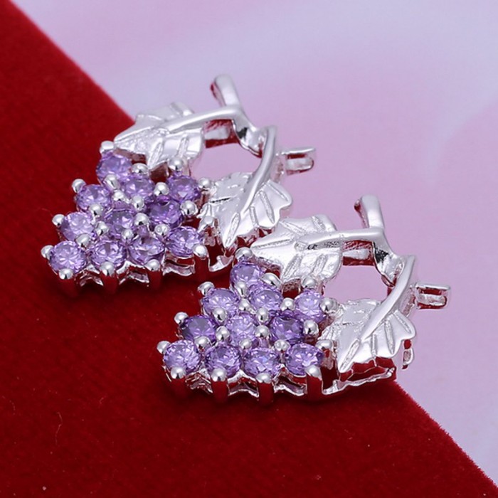 SE040 Silver Jewelry Purple Crystal Grape Stud Earrings For Women