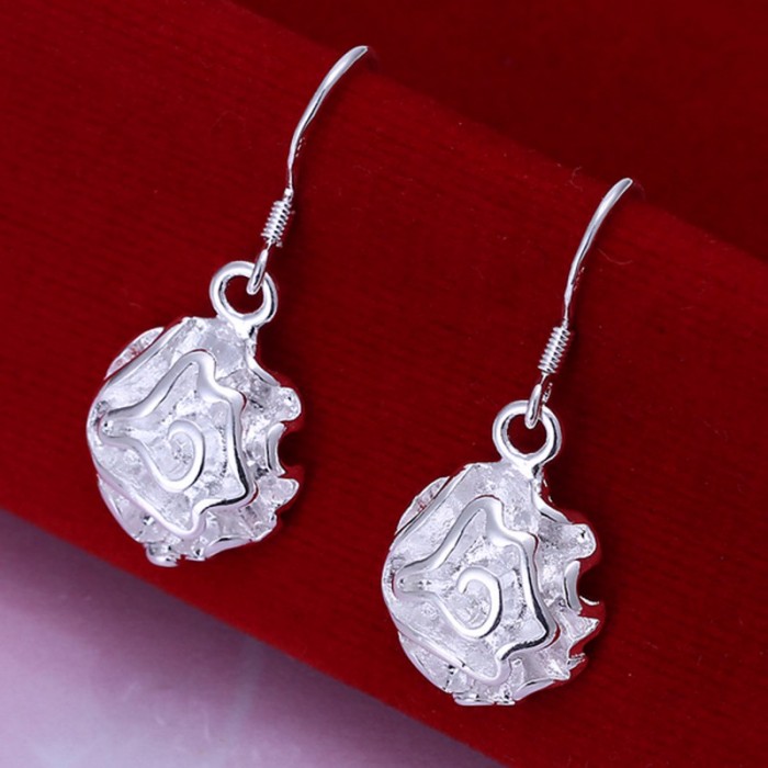 SE066 Silver Jewelry Rose Flower Dangle Earrings For Women