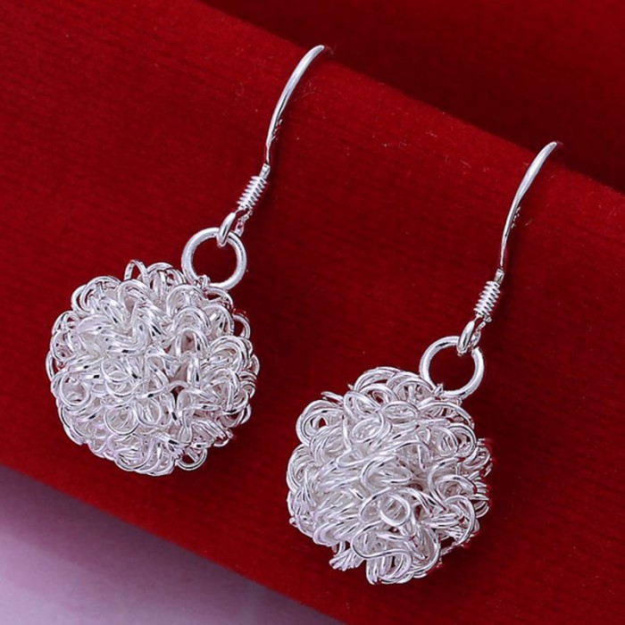 SE076 Silver Jewelry Mesh Ball Dangle Earrings For Women