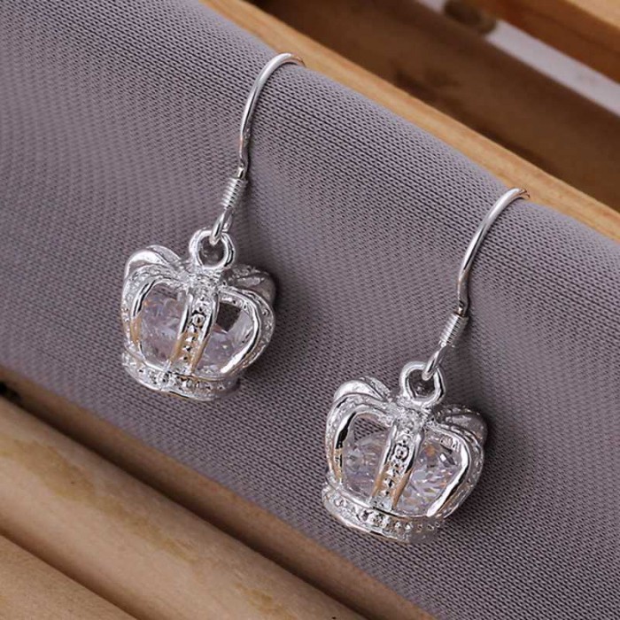 SE081 Silver Jewelry Crystal Crown Dangle Earrings For Women