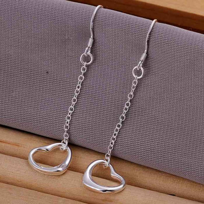 SE086 Silver Jewelry Chain Heart Long Dangle Earrings For Women