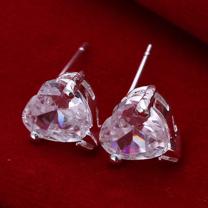 SE087 Silver Jewelry Crystal Heart Stud Earrings For Women