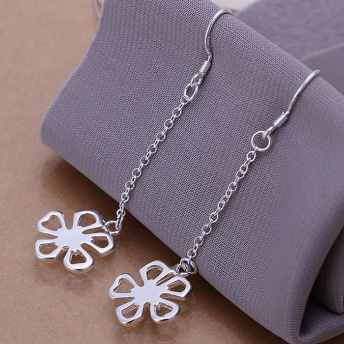 SE089 Silver Jewelry Chain Flower Long Dangle Earrings For Women