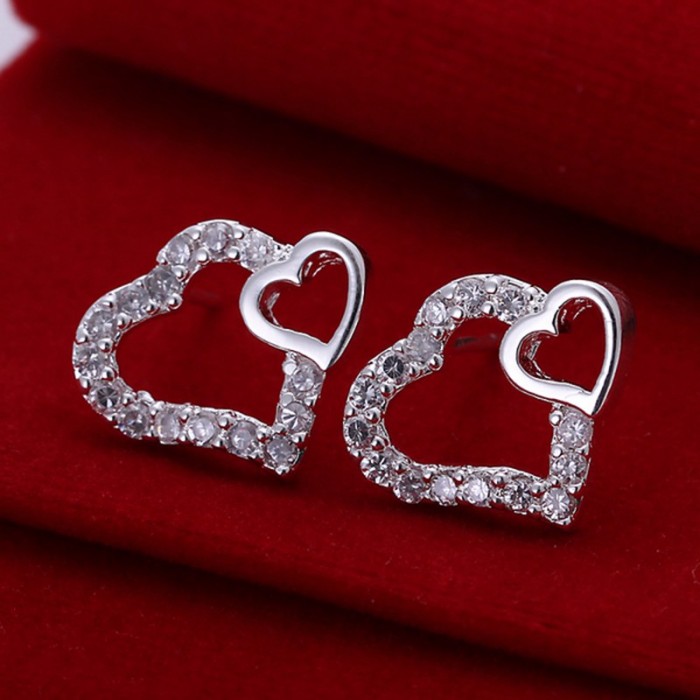 SE104 Silver Jewelry Crystal 2Hearts Stud Earrings For Women