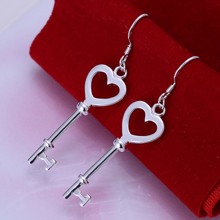 SE135 Silver Jewelry Heart Key Dangle Earrings For Women