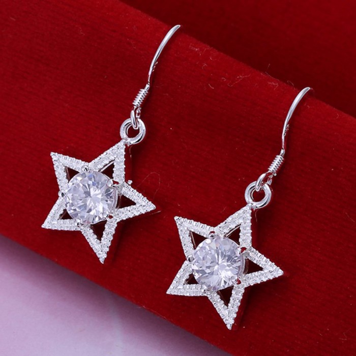 SE136 Silver Jewelry Crystal Star Dangle Earrings For Women