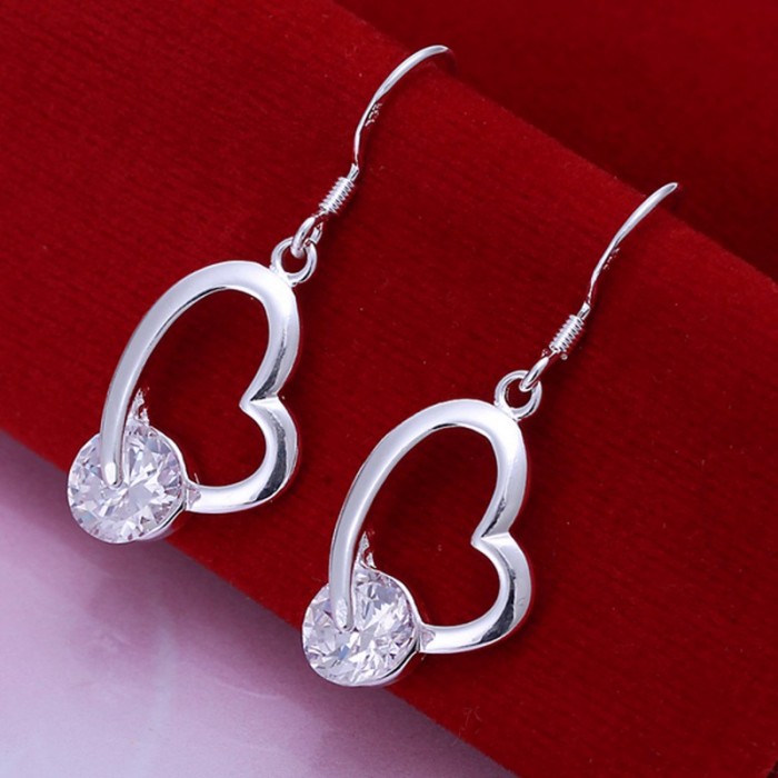 SE150 Silver Jewelry Crystal Heart Dangle Earrings For Women