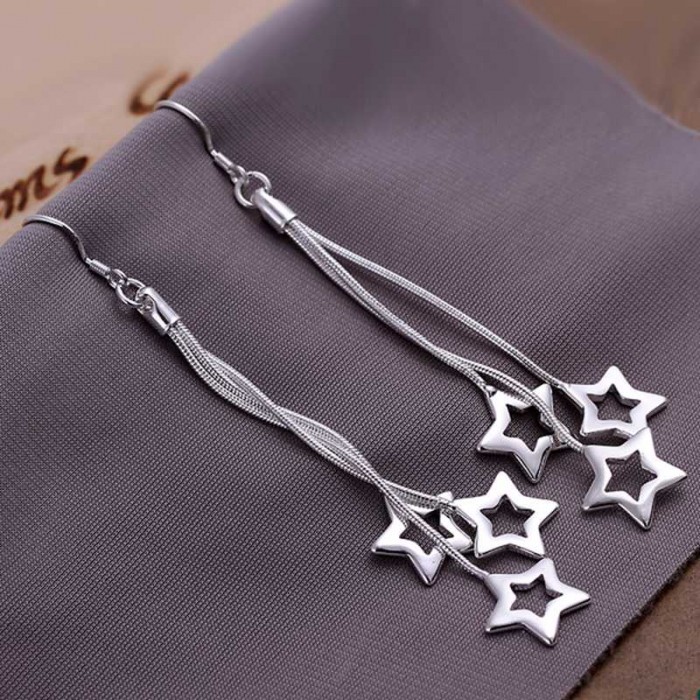 SE161 Silver Jewelry 3Chain&Star Long Dangle Earrings For Women