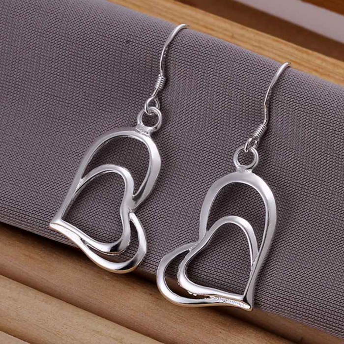 SE165 Silver Jewelry 2 Hearts Dangle Earrings For Women