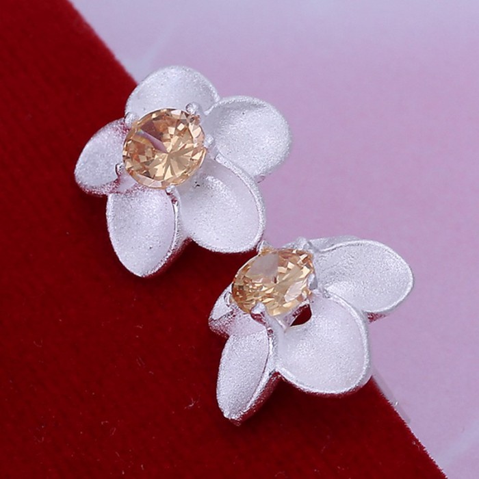 SE178 Silver Jewelry Orange Crystal Flower Stud Earrings For Women