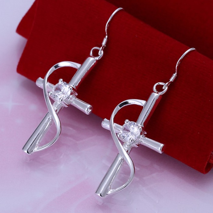 SE194 Silver Jewelry Crystal Cross Dangle Earrings For Women