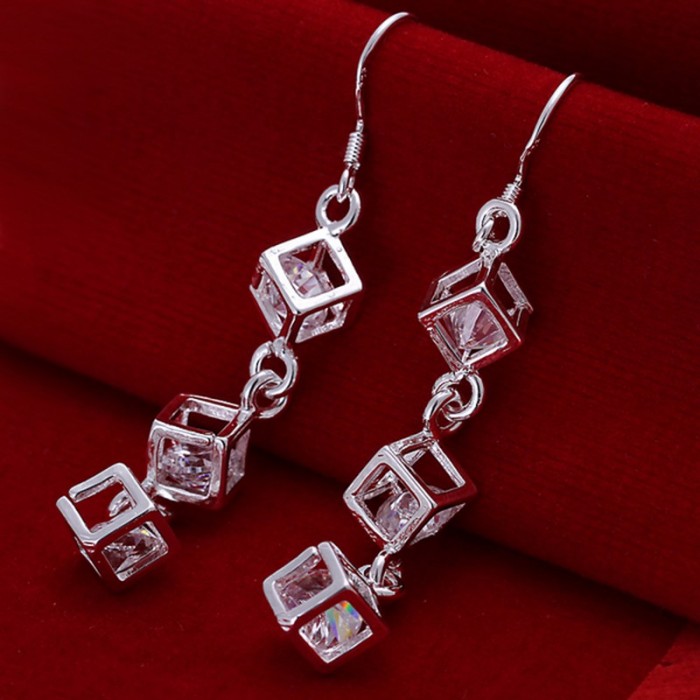 SE206 Silver Jewelry 3 Crystal Dangle Earrings For Women
