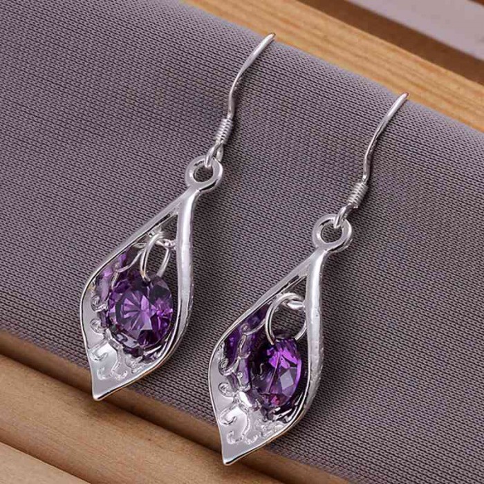 SE207 Silver Jewelry Purple Crystal Shell Dangle Earrings For Women