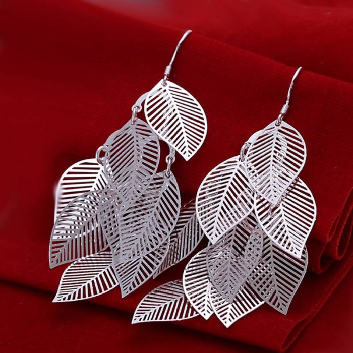 SE214 Silver Jewelry Leaves Dangle Earrings For Women