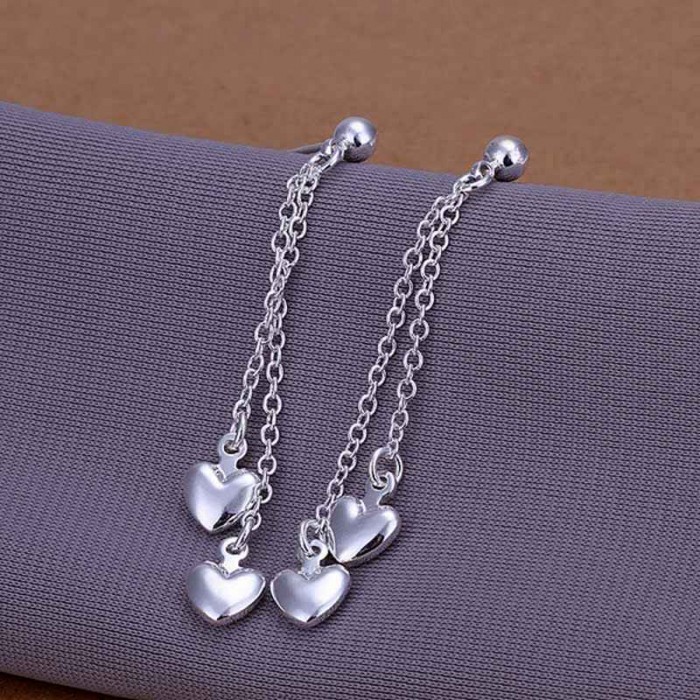 SE248 Silver Jewelry 2Chain&Heart Dangle Earrings For Women