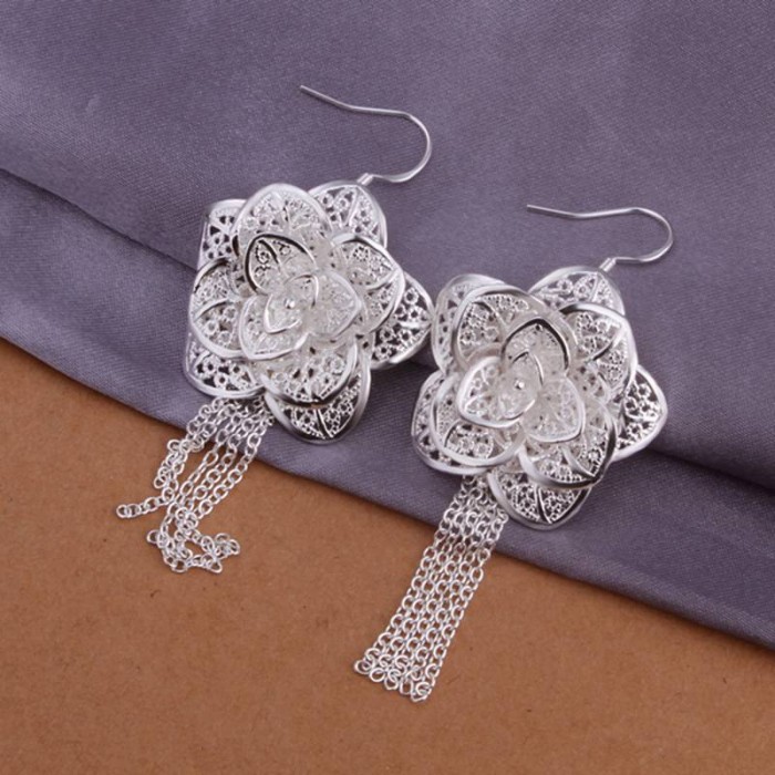 SE275 Silver Jewelry Flower Chain Dangle Earrings For Women