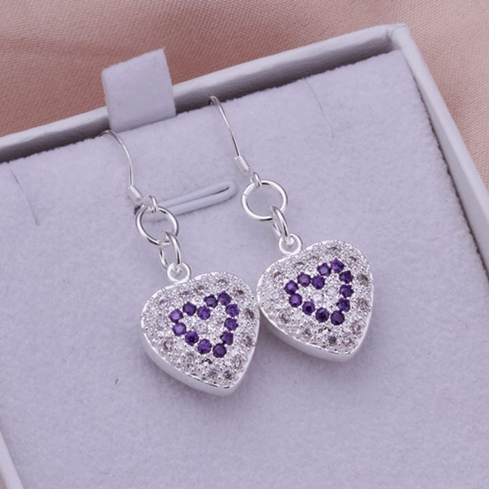 SE287 Silver Jewelry Purple Crystal Heart Dangle Earrings For Women