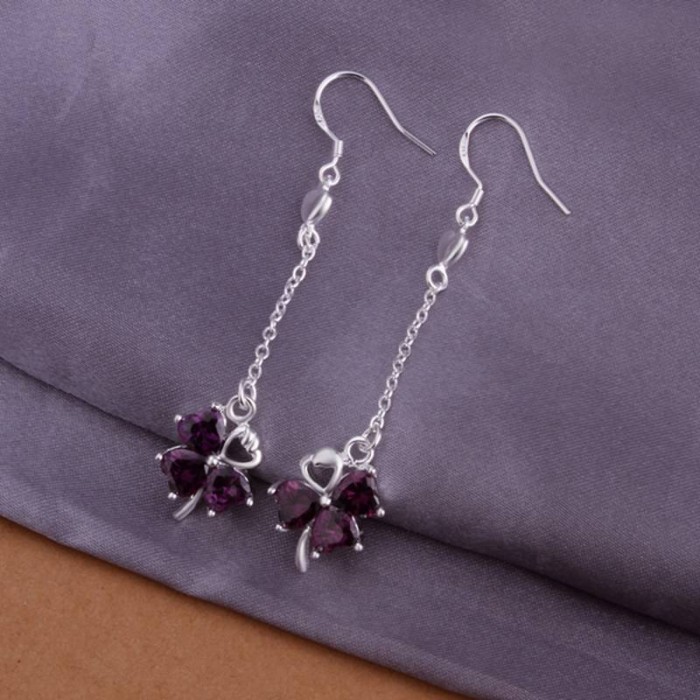 SE303 Silver Jewelry Purple Crystal Flower Dangle Earrings For Women