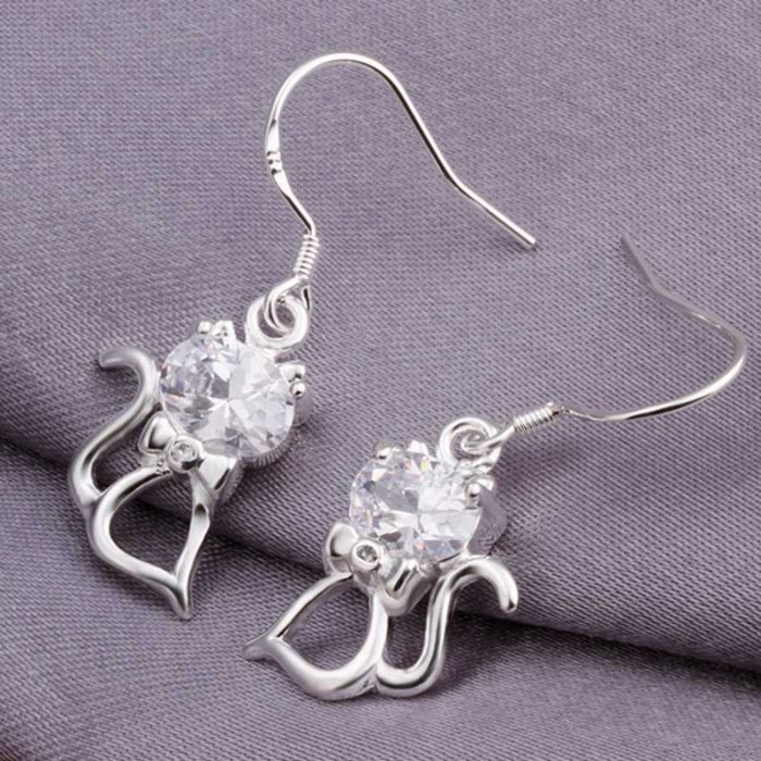 SE306 Silver Jewelry Crystal Cat Dangle Earrings For Women