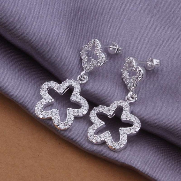 SE355 Silver Jewelry Crystal Flower Dangle Earrings For Women