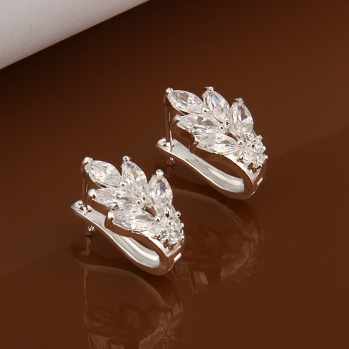 SE356 Silver Jewelry Crystal Leaf Hoop Earrings For Women