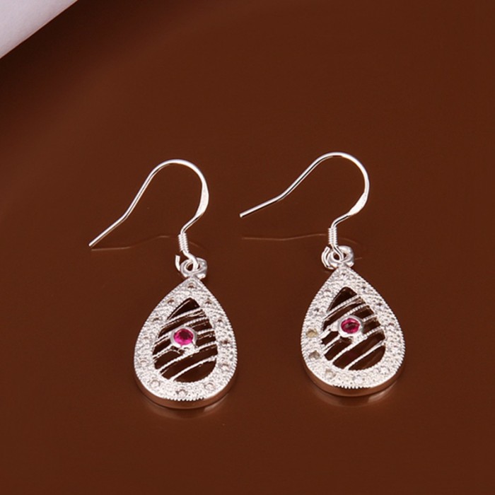 SE404 Silver Jewelry Red Crystal Waterdrop Dangle Earrings For Women