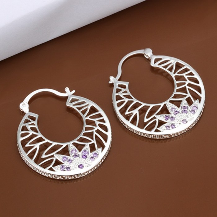 SE415 Silver Jewelry Purple Crystal Hoop Earrings For Women