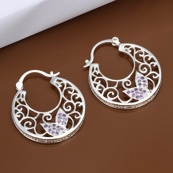 SE418 Silver Jewelry Purple Crystal Hoop Earrings For Women