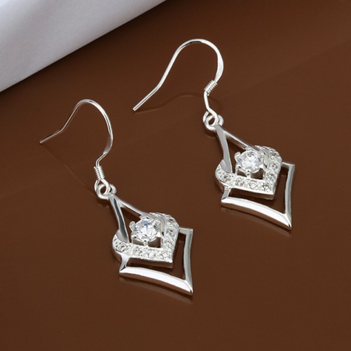 SE444 Silver Jewelry Crystal Heart Dangle Earrings For Women