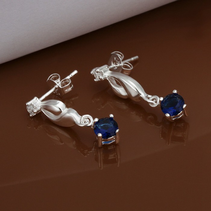SE474 Silver Jewelry Blue Crystal Drop Dangle Earrings For Women