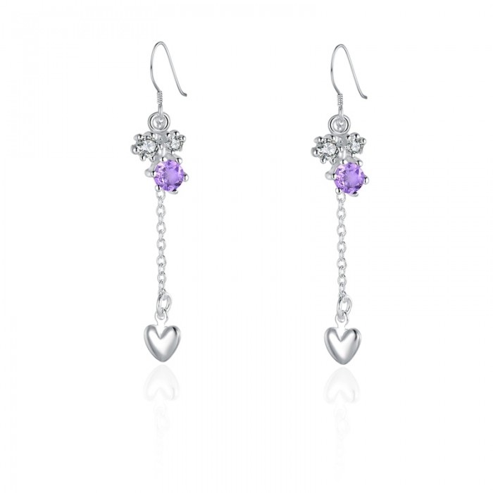 SE497 Silver Jewelry Purple Crystal Heart Dangle Earrings For Women