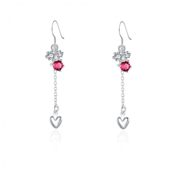 SE498 Silver Jewelry Red Crystal Heart Dangle Earrings For Women