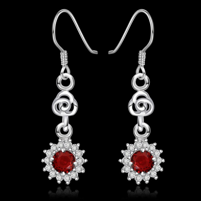 SE506 Silver Jewelry Red Crystal Sun Dangle Earrings For Women