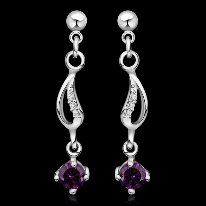 SE513 Silver Jewelry Purple Crystal Drop Dangle Earrings For Women