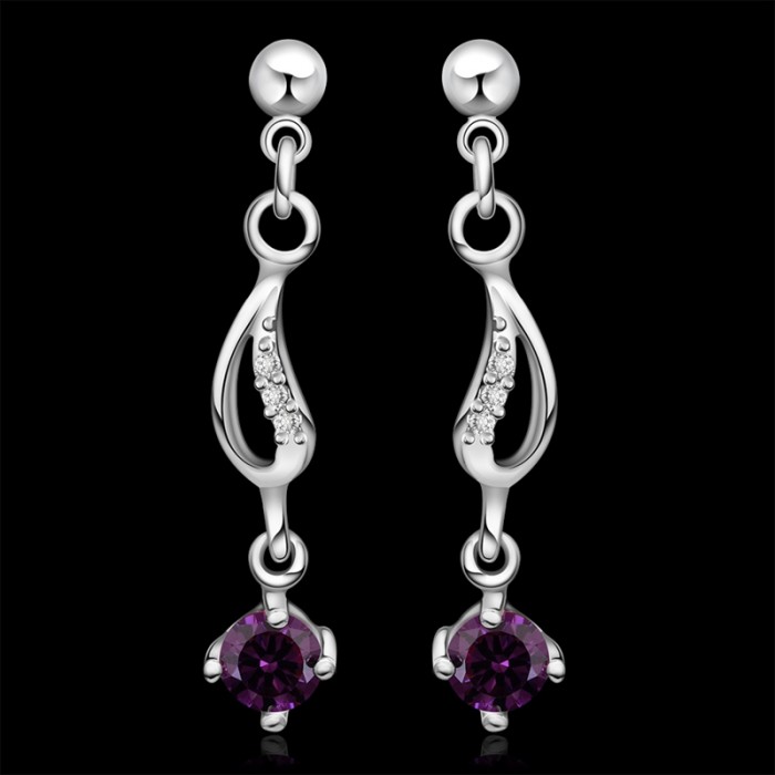 SE513 Silver Jewelry Purple Crystal Drop Dangle Earrings For Women