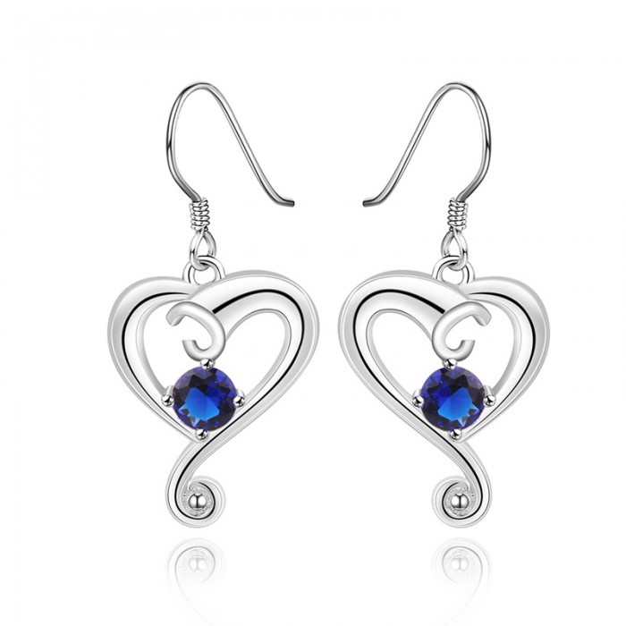 SE532 Silver Jewelry Blue Crystal Heart Dangle Earrings For Women
