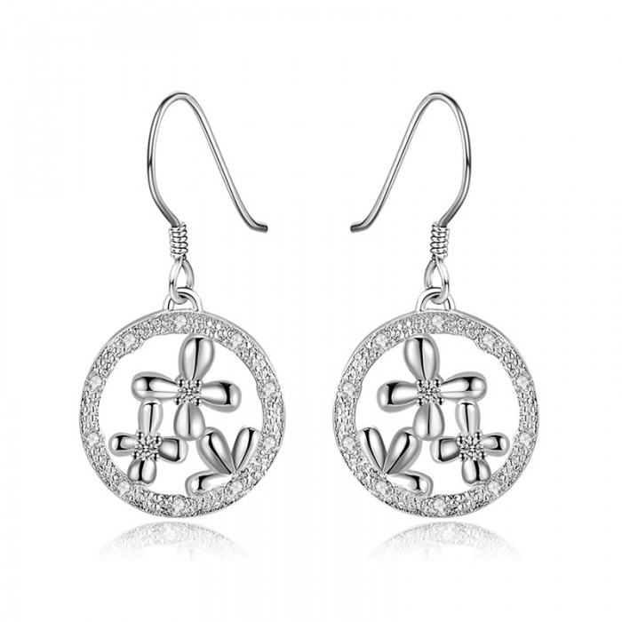 SE539 Silver Jewelry Crystal Flower Dangle Earrings For Women